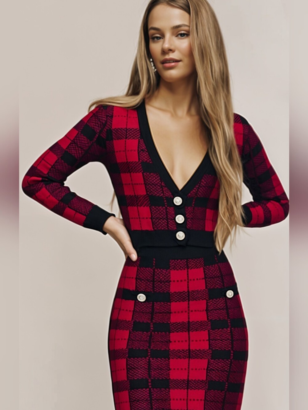 NWT VENUS Red and Black Plaid Sweater Skirt Set